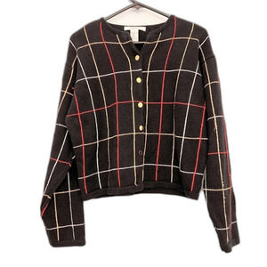 Women's LISE J. Vintage / Clasic Sweaters Casual Drop Shoulder Plaid Cardigan.